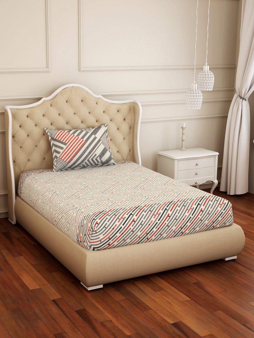 SPACES Beige & White Geometric 144 TC Cotton 1 Single Bedsheet with 1 Pillow Cover
SPACES Beige & White Geometric 144 TC Cotton 1 Single Bedsheet with 1 Pillow Cover
