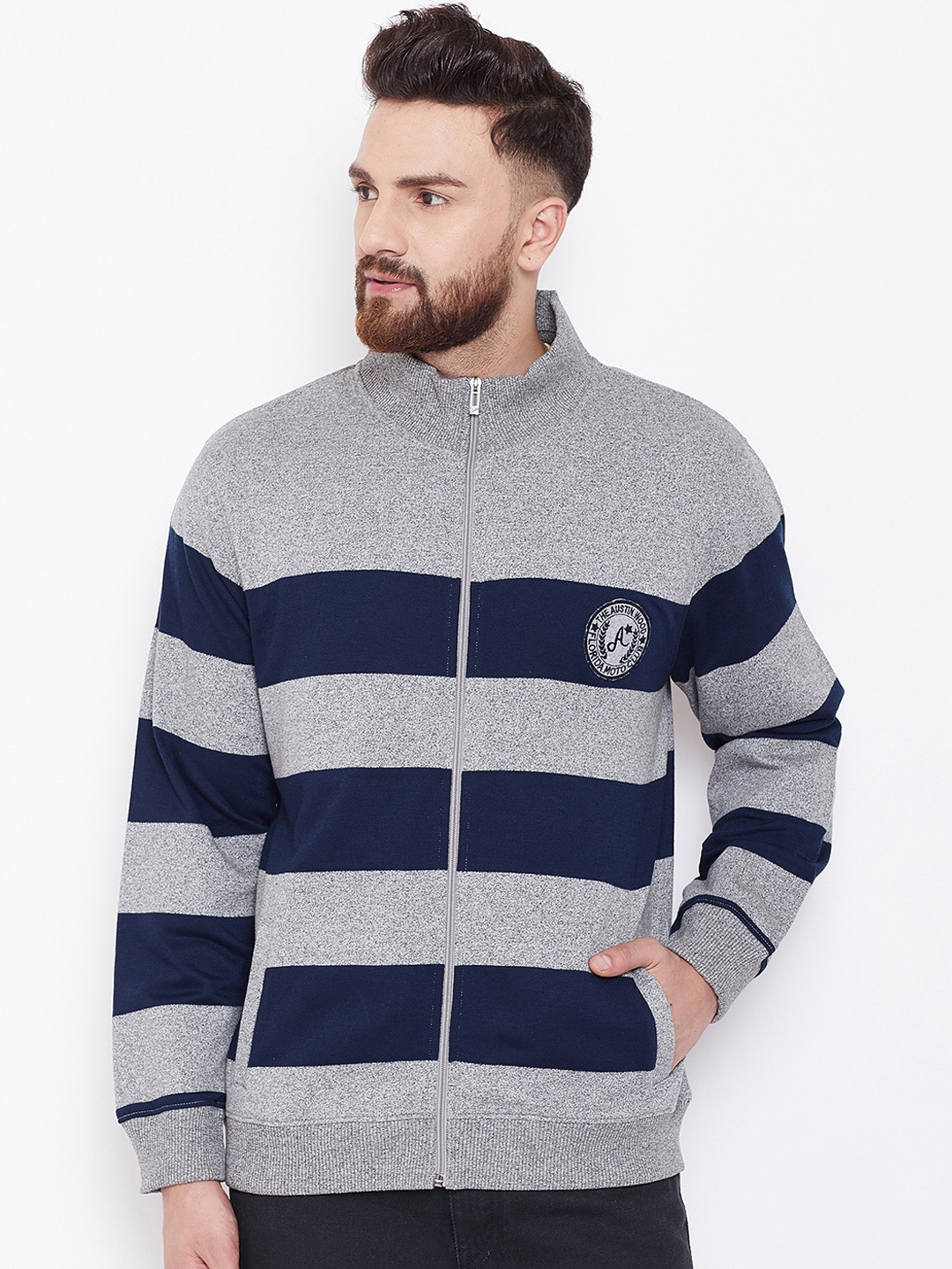 Austin wood Men Grey & Navy Blue Striped Sweatshirt