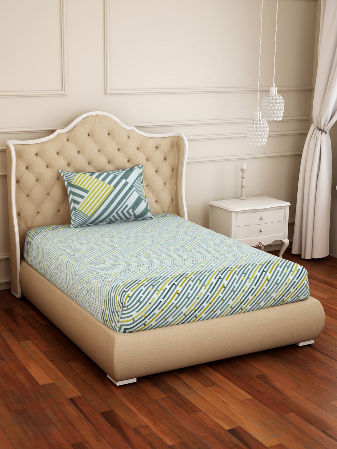 SPACES Green & White Geometric 144 TC Cotton 1 Single Bedsheet with 1 Pillow Covers