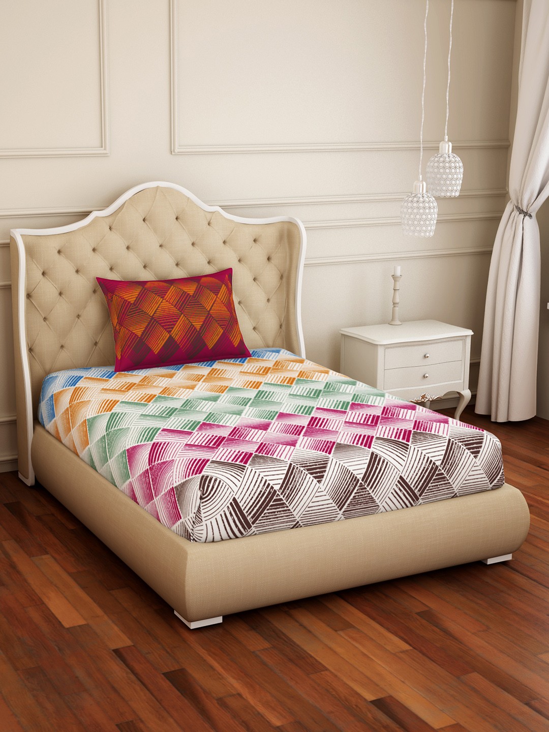 SPACES Multicoloured Geometric 144 TC Cotton 1 Single Bedsheet with 1 Pillow Covers, Multi
SPACES Multicoloured Geometric 144 TC Cotton 1 Single Bedsheet with 1 Pillow Covers, Multi
