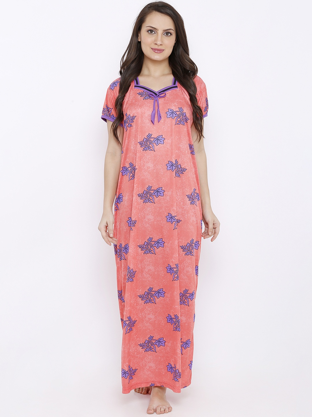 Pretty Awesome Peach-Coloured & Lavender Printed Nightdress PTAL539