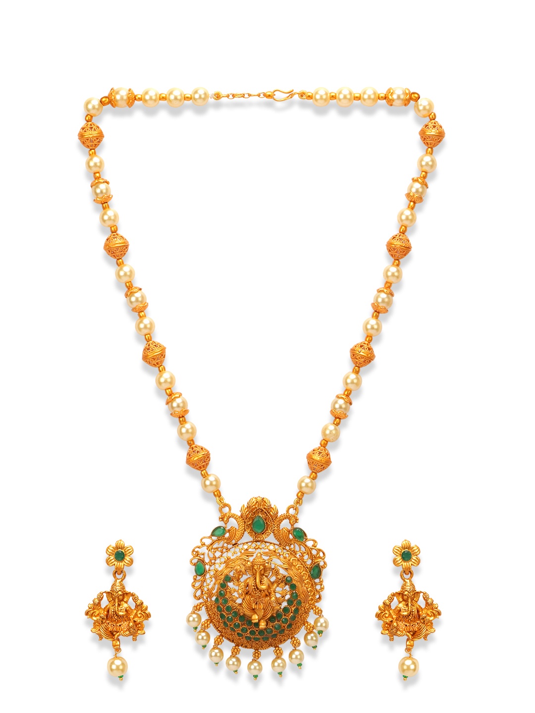 Anikas Creation Women Gold-Plated & Green Stone Studded Maa Laxmi Jewellery Set