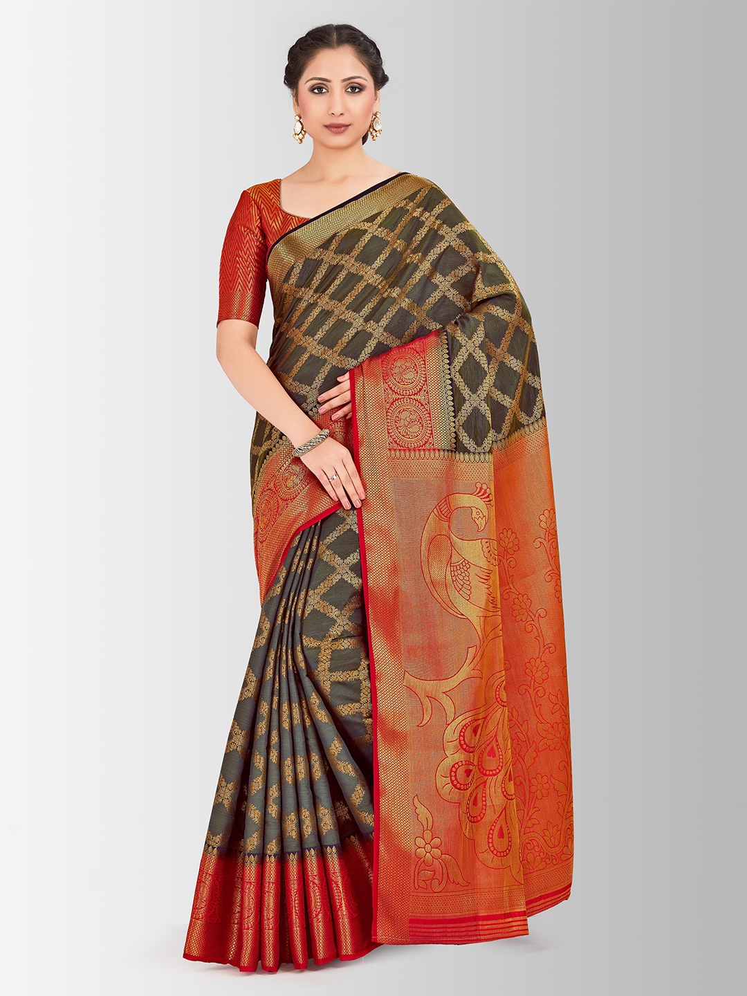 MIMOSA Red & Olive Green Art Silk Embellished Kanjeevaram Saree