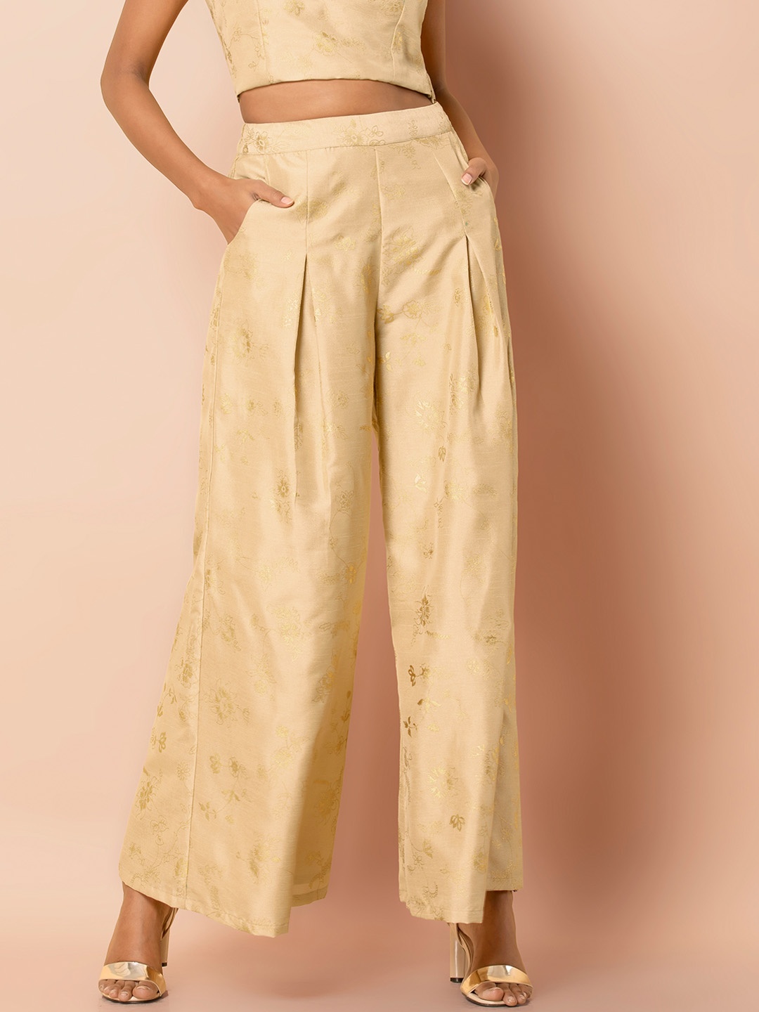 INDYA Women Beige & Gold-Toned Printed Flared Palazzos