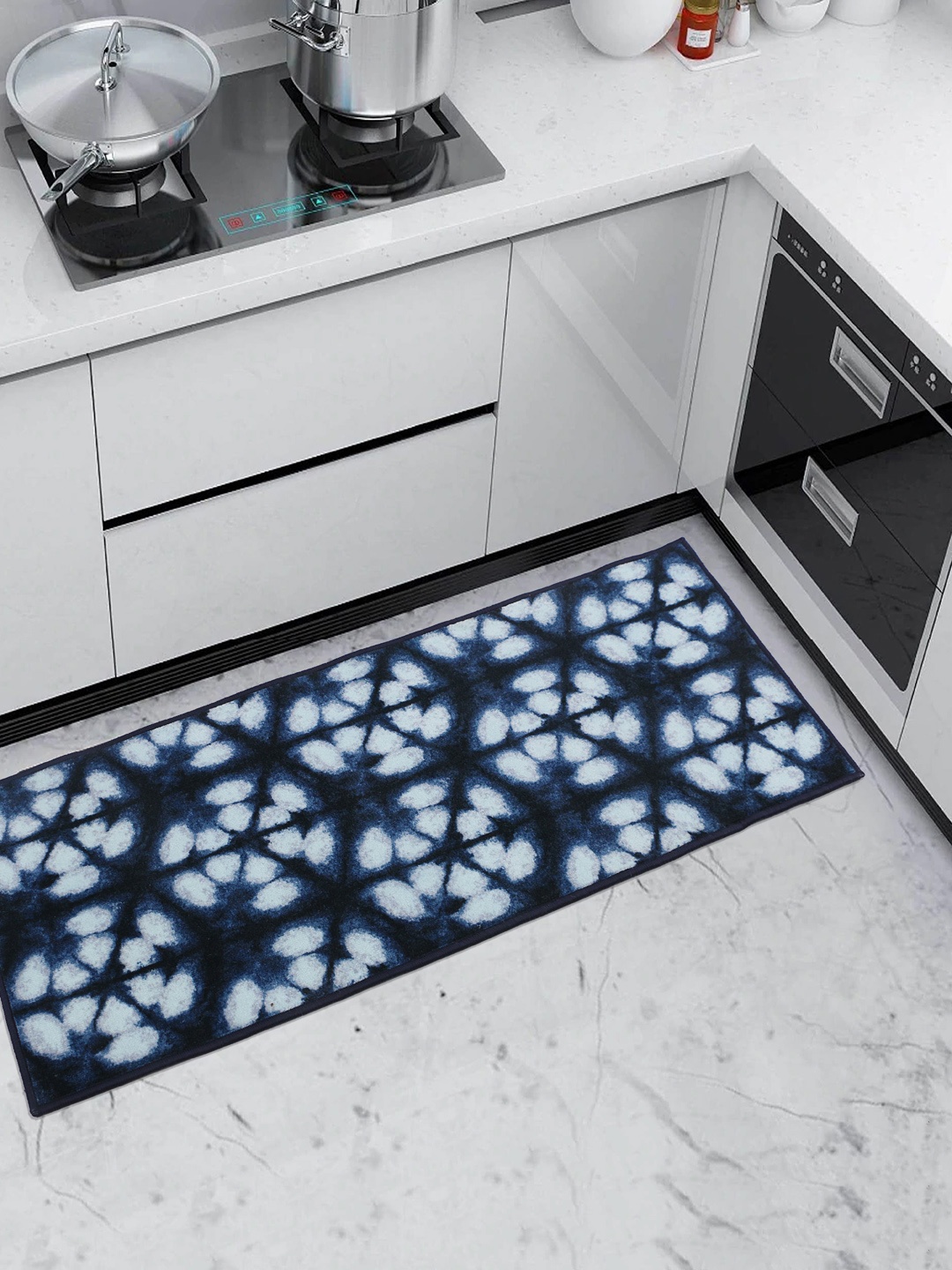 RUGSMITH Navy Blue & White Patterned Anti-Skid Rectangle Floor Runner