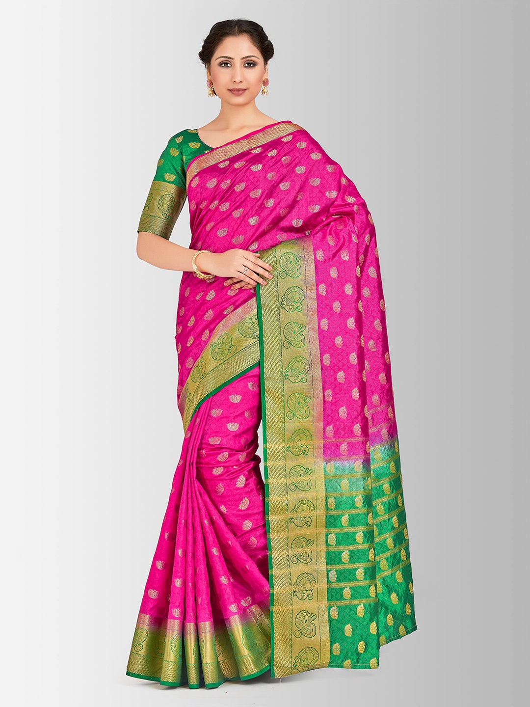 MIMOSA Pink & Green Art Silk Embellished Kanjeevaram Saree