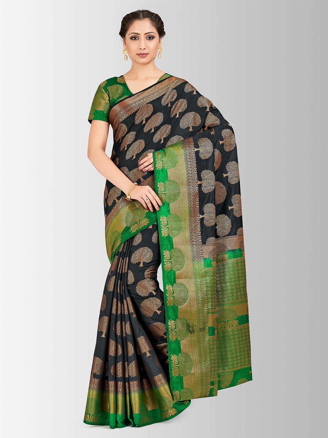MIMOSA Black & Green Art Silk Printed Kanjeevaram Saree