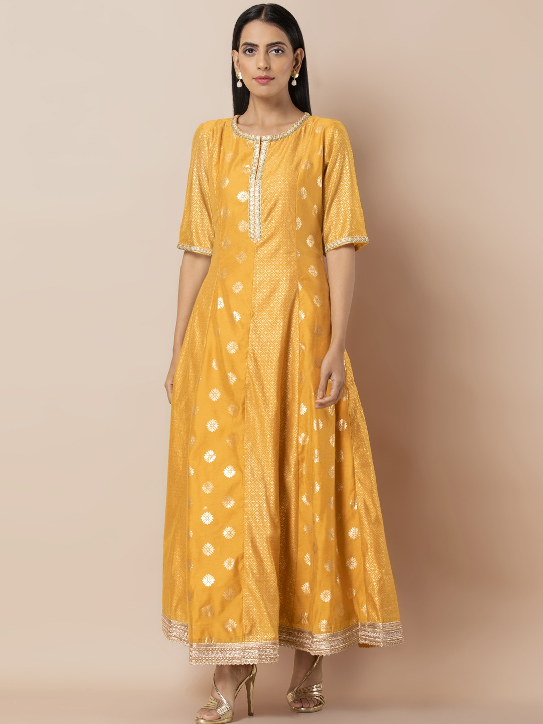 INDYA Mustard Yellow & Golden Printed A-Line Kurta