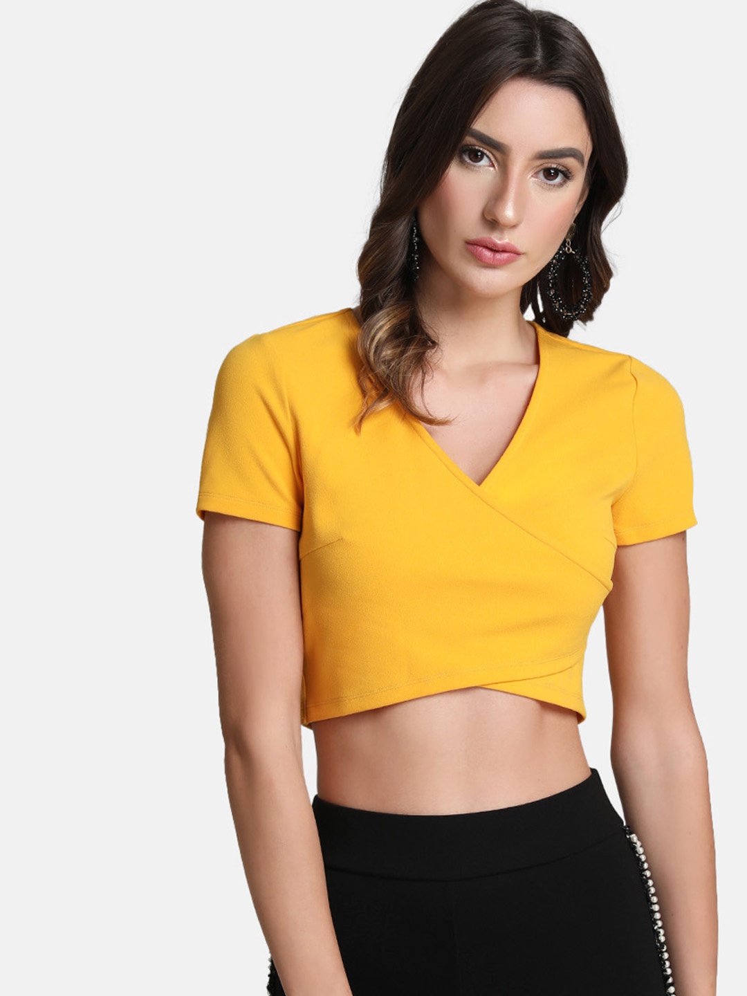 Kazo Women Mustard Solid Wrap Crop Top