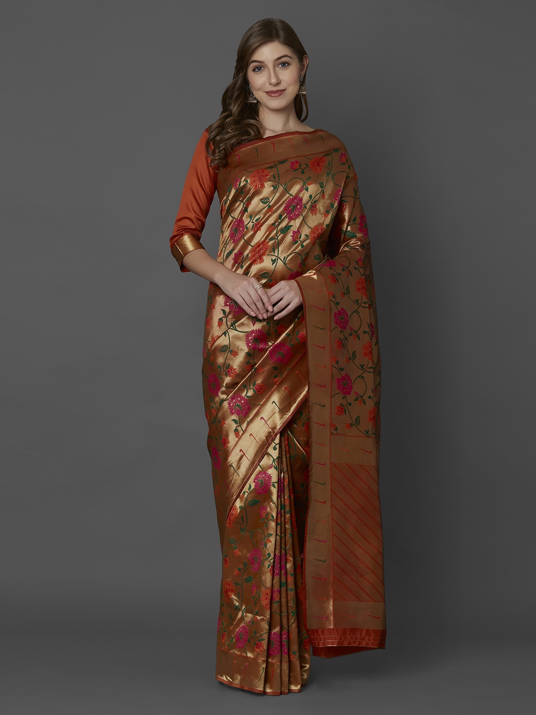 Mitera Orange & Gold-Toned Silk Blend Woven Design Kanjeevaram Saree
