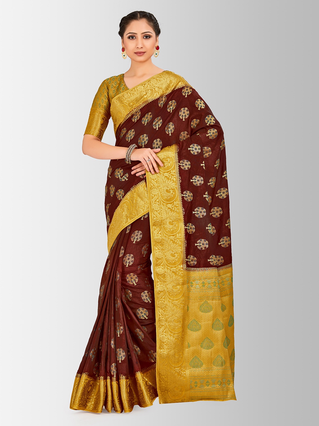 MIMOSA Brown Art Silk Embellished Paithani Saree