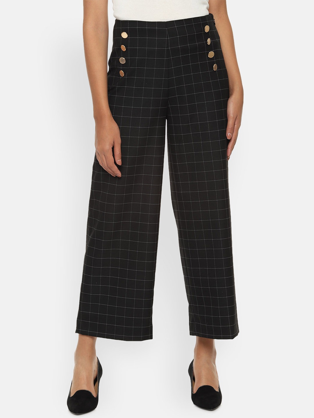 Van Heusen Woman Black Regular Fit Checked Cropped Parallel Trousers