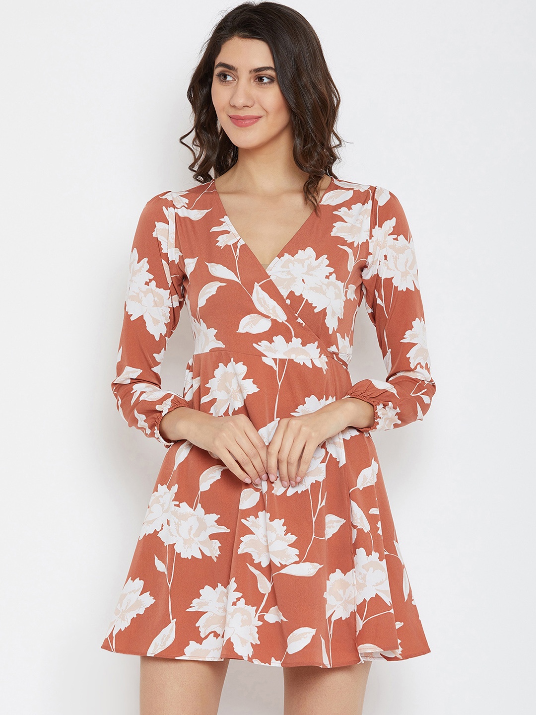 Berrylush Women Brown & White Floral Wrap Dress