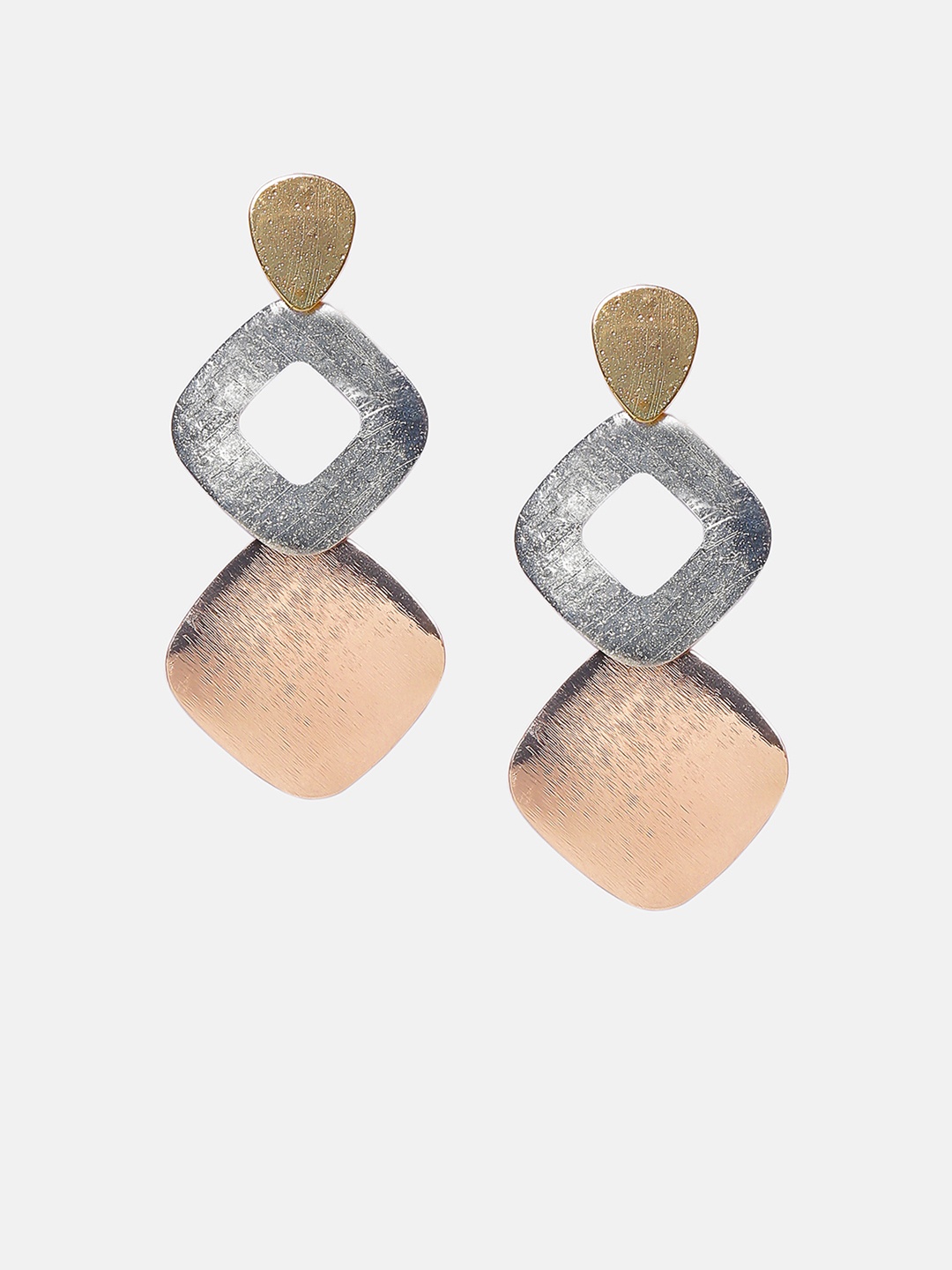 Mali Fionna Silver-Toned & Beige Geometric Drop Earrings