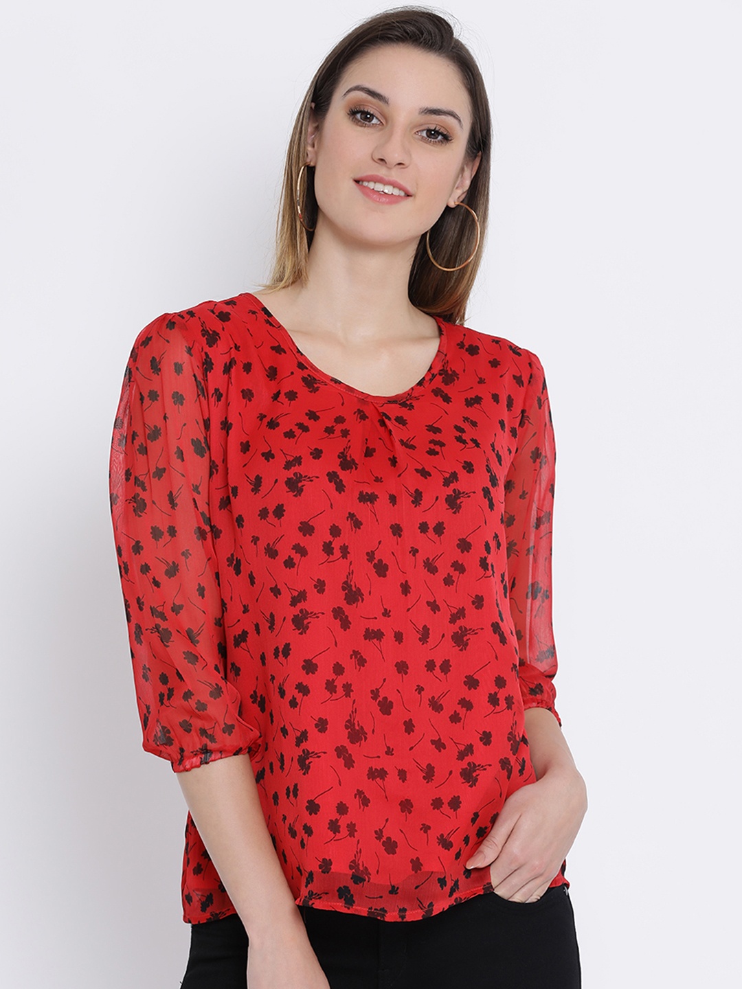 SQew Women Red & Black Floral Printed Top