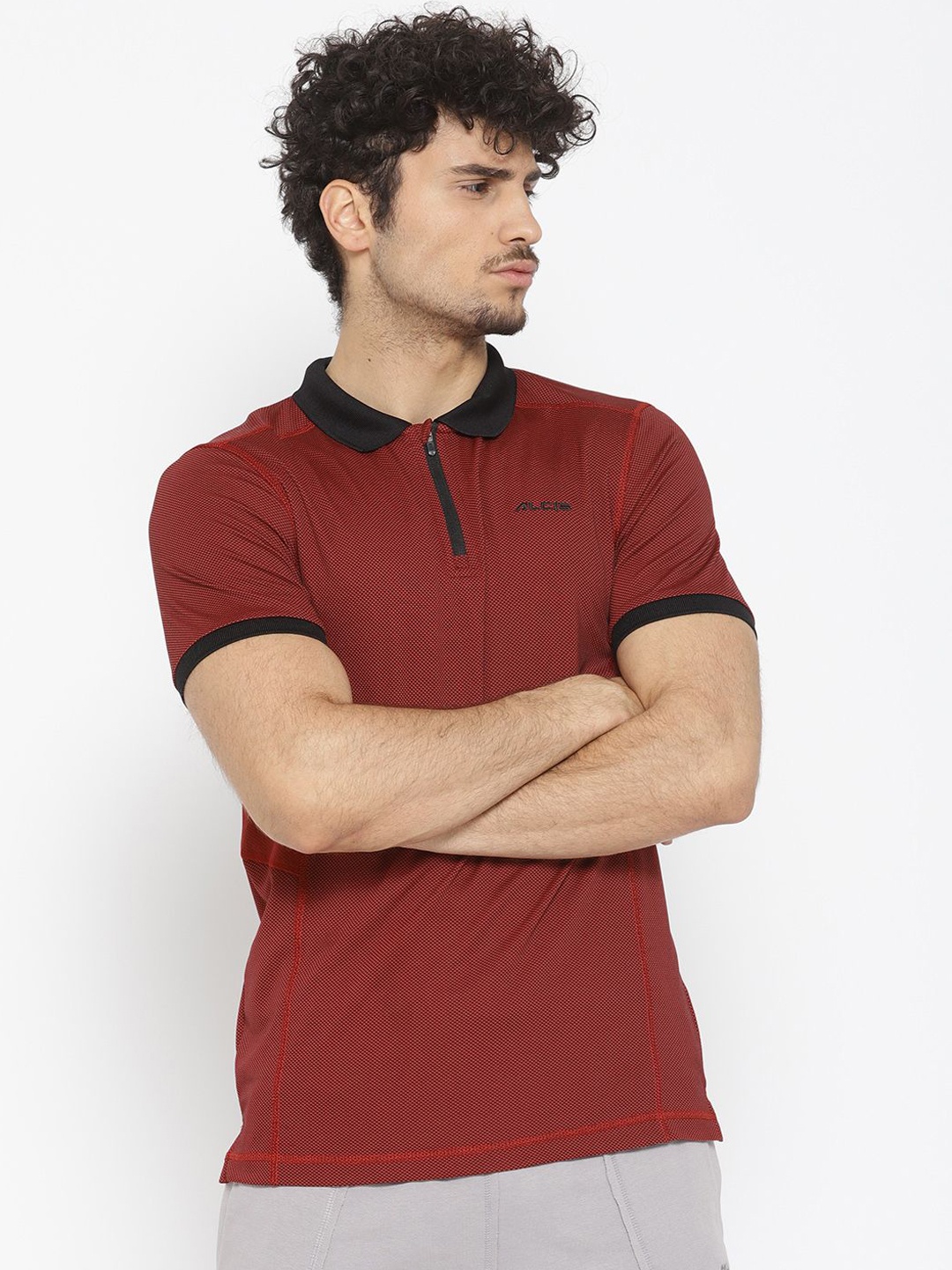 Alcis Men Maroon Self Design Polo Collar T-shirt
