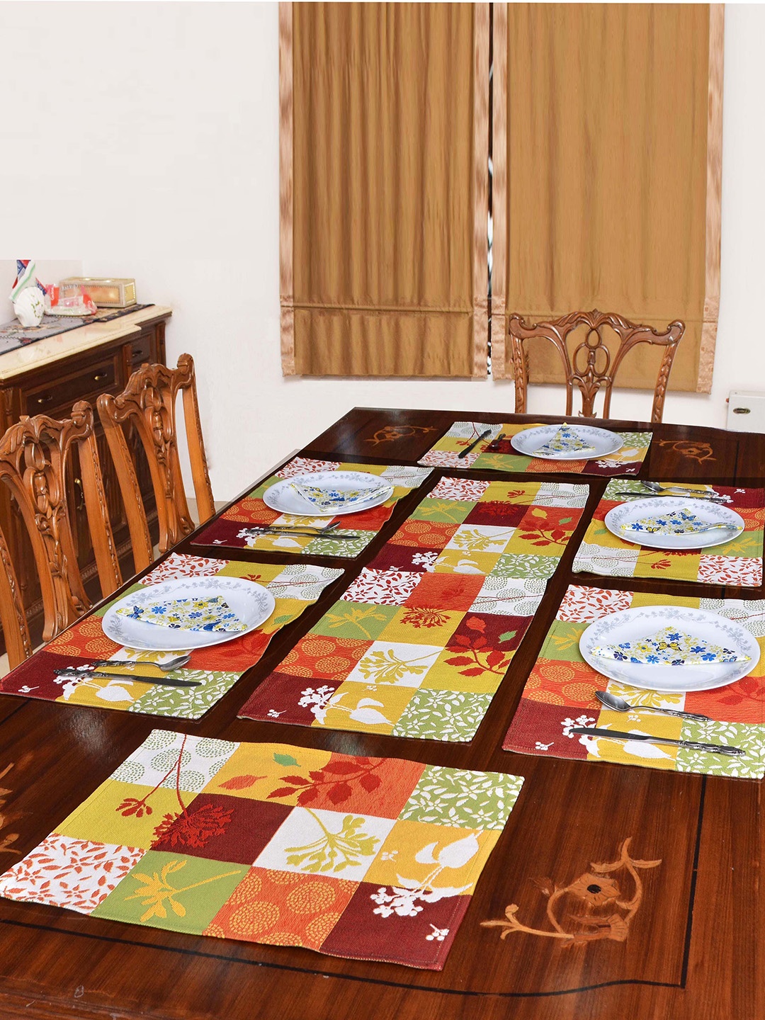 Avira Home Set of 7 Multicoloured Jaquard Woven Table Placemats With Runner, Multi