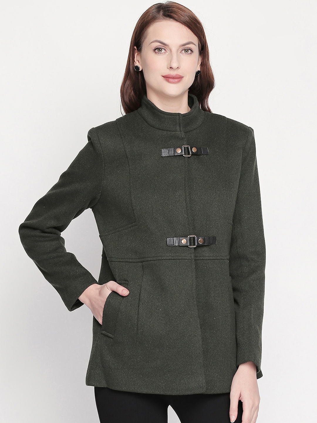 Honey by Pantaloons Women Olive Green Solid Tailored Jacket