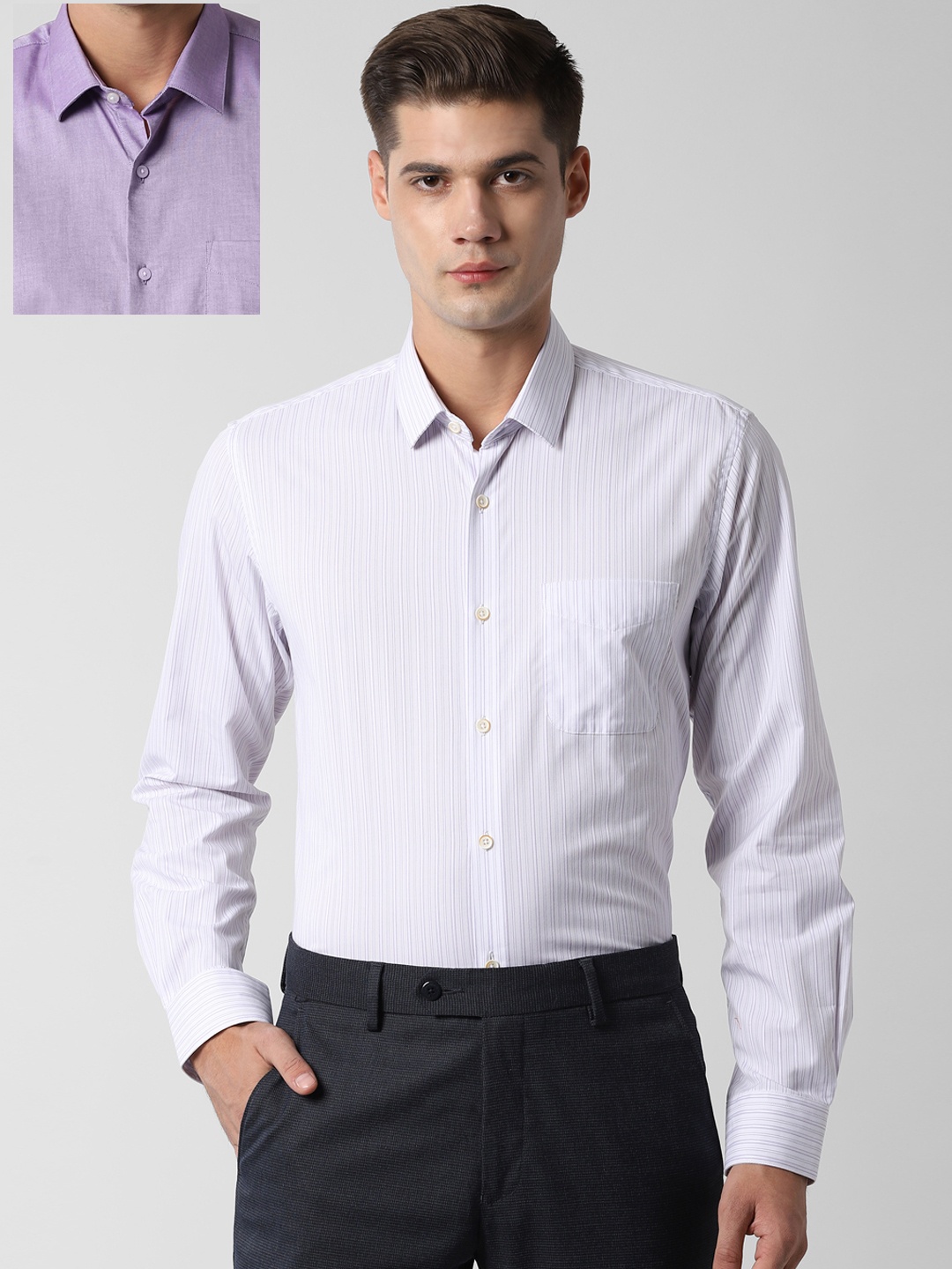 Peter England Men Purple & White Pack Of 2 Slim Fit Striped Formal Shirt
