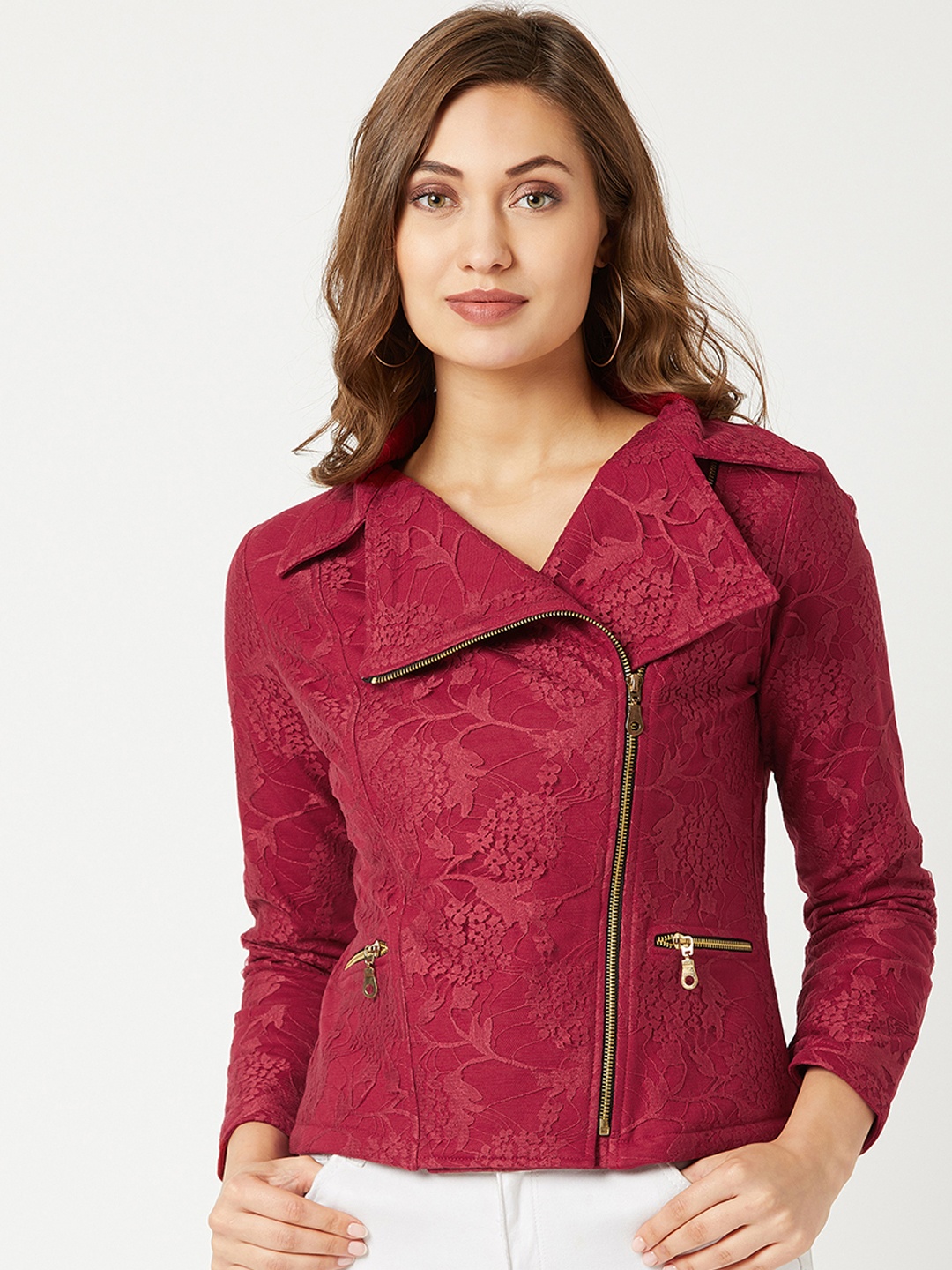 Miss Chase Women Maroon Solid Lace Tailored Jacket