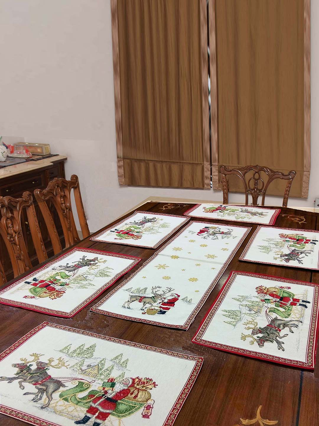 Avira Home Set of 7 Off-White & Red Christmas Jaquard Woven Table Placemats With Runner 
Avira Home Set of 7 Off-White & Red Christmas Jaquard Woven Table Placemats With Runner