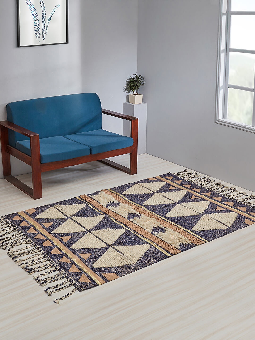 Chumbak Blue & Beige Printed Rectangular Dhurrie, Navy blue