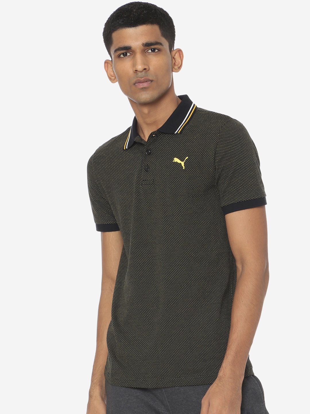 Puma Men Black Jacquard Printed Polo Collar T-shirt