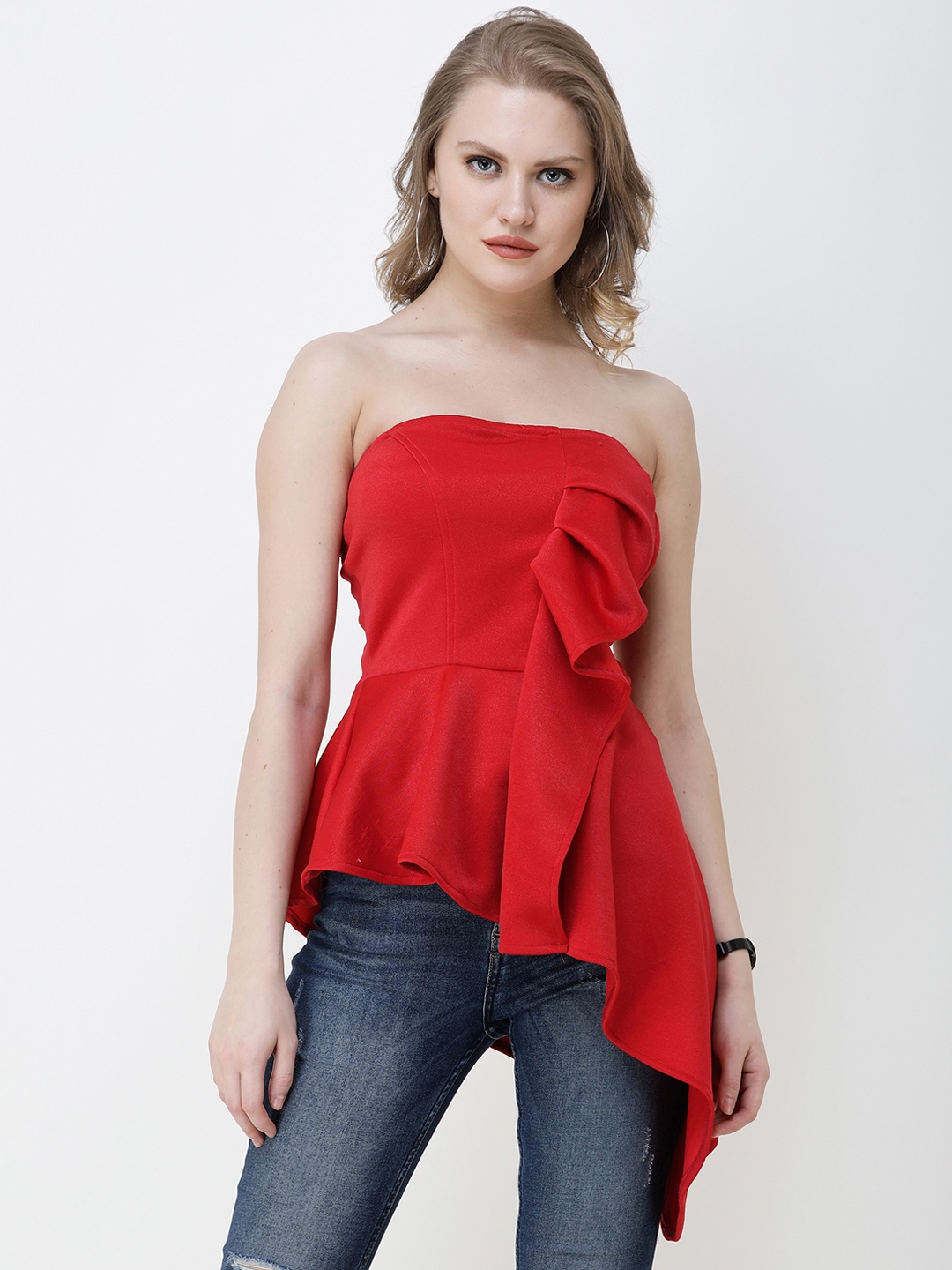 SCORPIUS Women Red Solid Bardot Top with Ruffle Detail