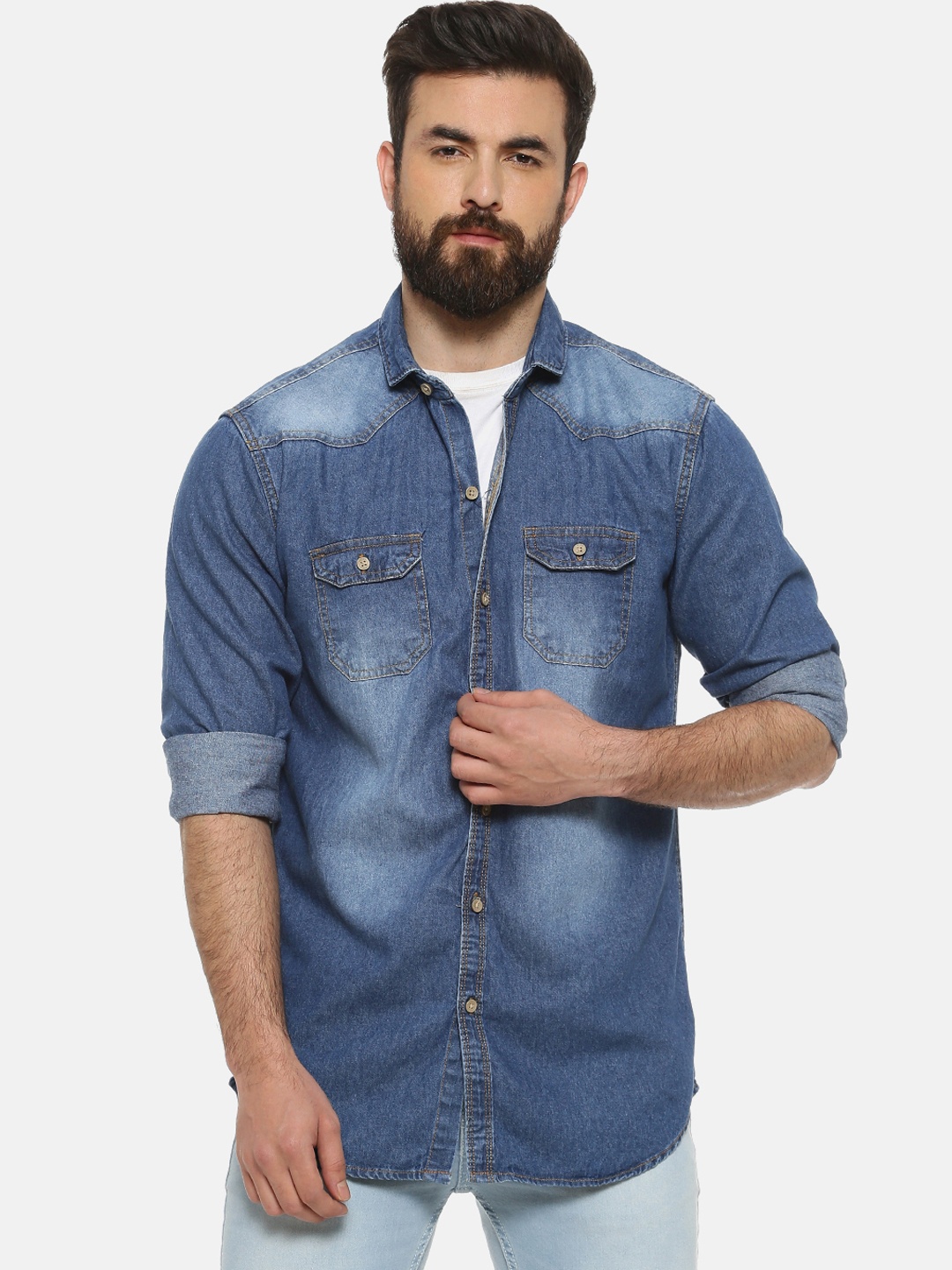 Campus Sutra Men Blue Regular Fit Faded Casual Shirt