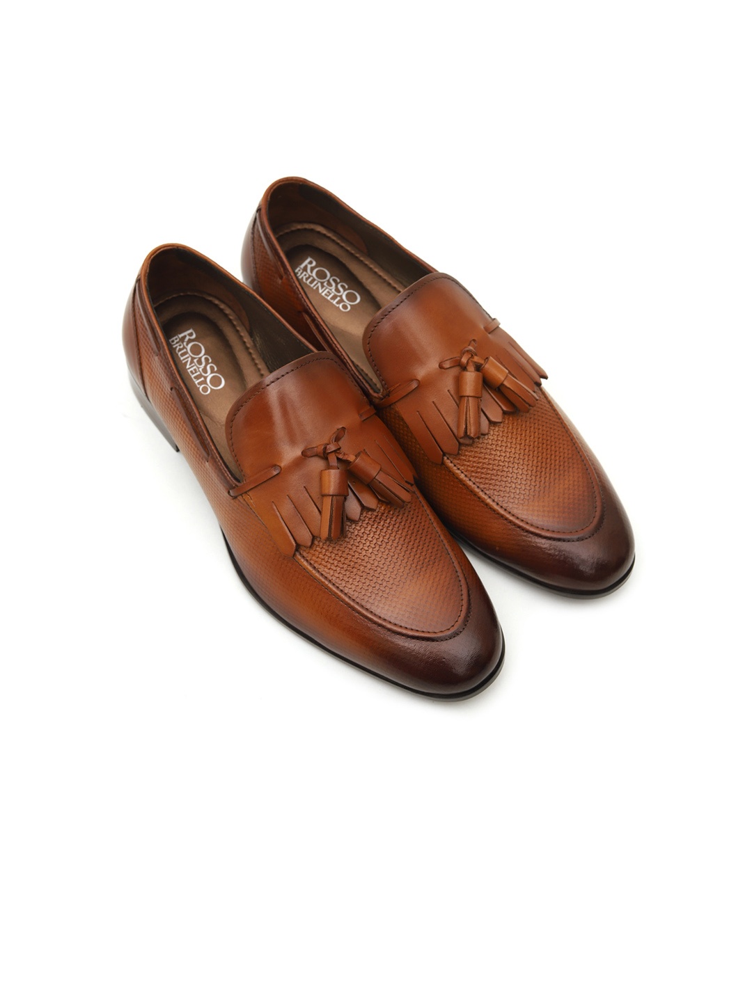 ROSSO BRUNELLO Men Tan Brown Textured Leather Formal Tassel Loafers