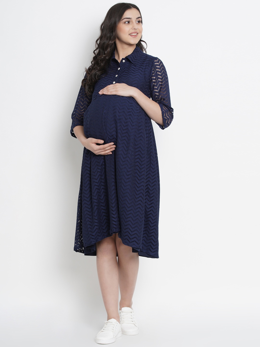 Mine4Nine Women Navy Blue Self Design Maternity Shirt Dress