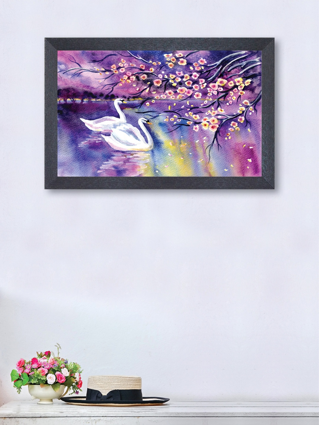 nest Art Blue & Purple Textured Frame Swan Watercolour Wall Painting