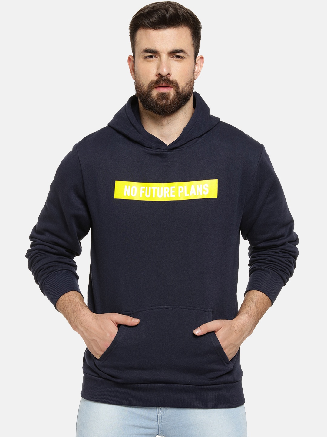 Campus Sutra Men Navy Blue Printed Hooded Sweatshirt