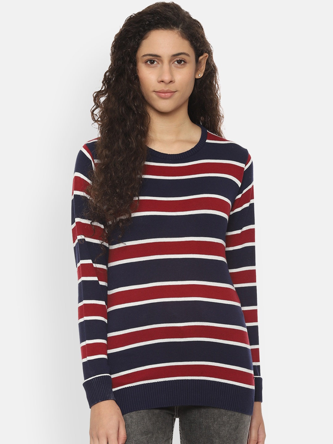 People Women Navy Blue & Red Striped Pullover Sweater