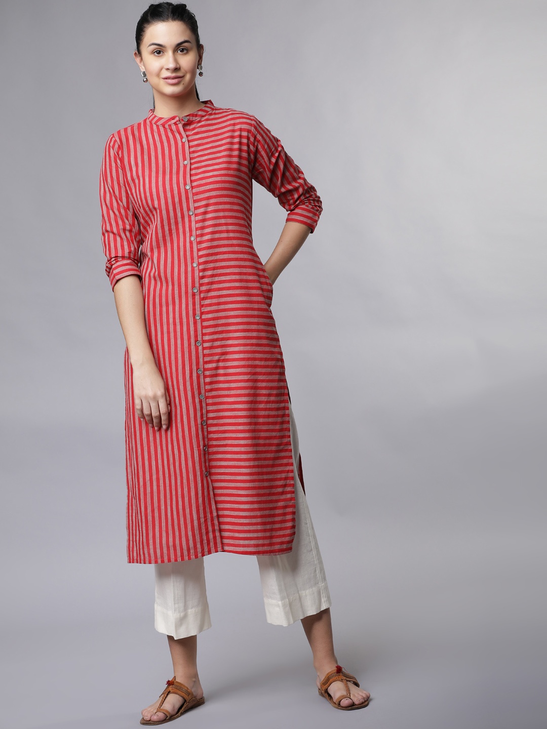 Vishudh Women Red & Beige Striped Straight Kurta