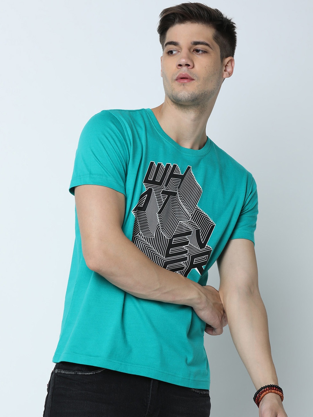 Huetrap Men Teal Green Printed Round Neck T-shirt