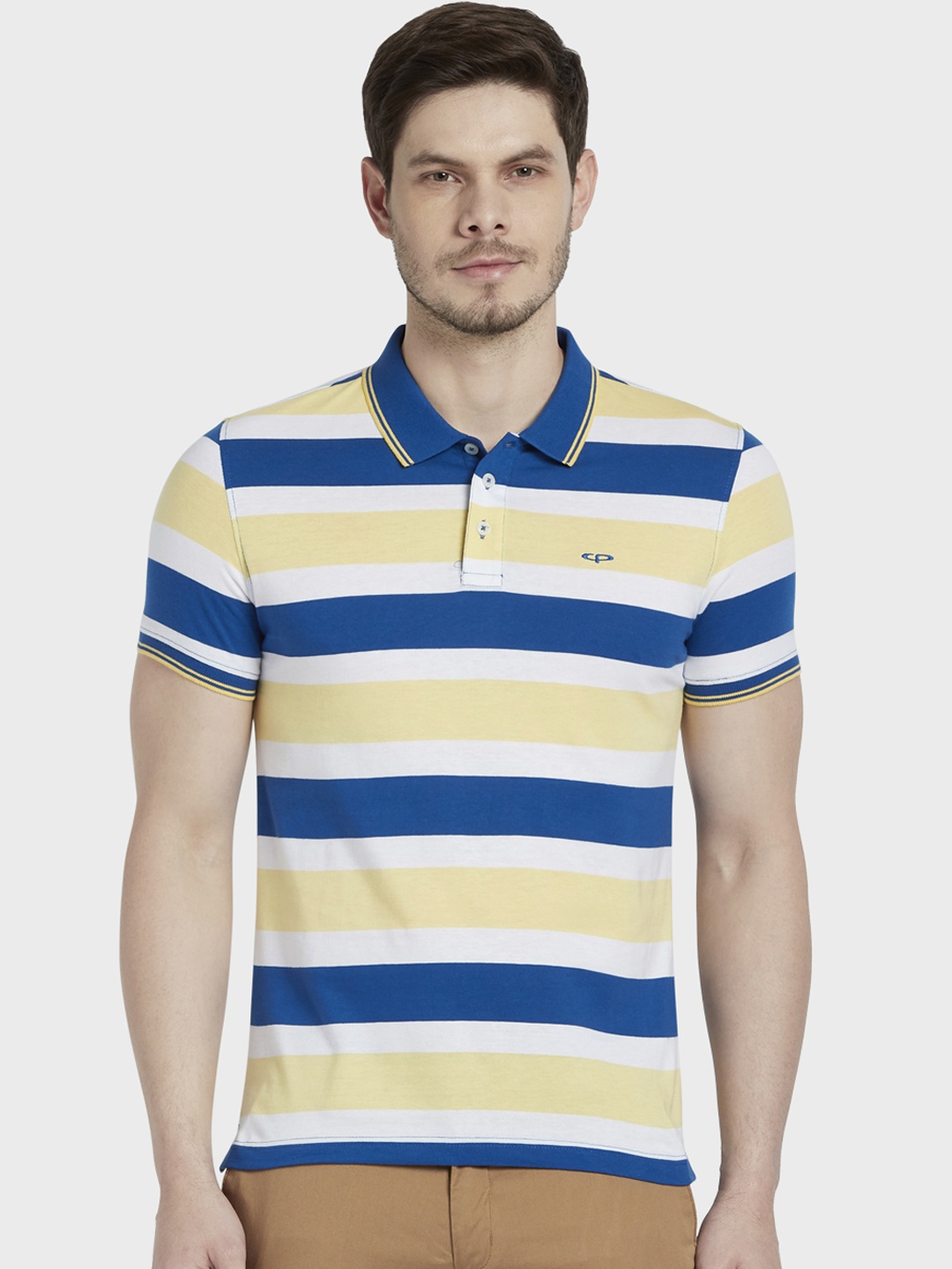 ColorPlus Men Yellow & Blue Striped Polo Collar Slim Fit T-shirt
