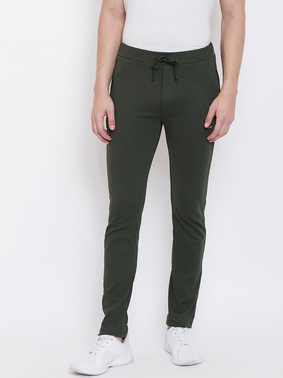 Okane Men Olive Green Solid Slim Fit Track Pants