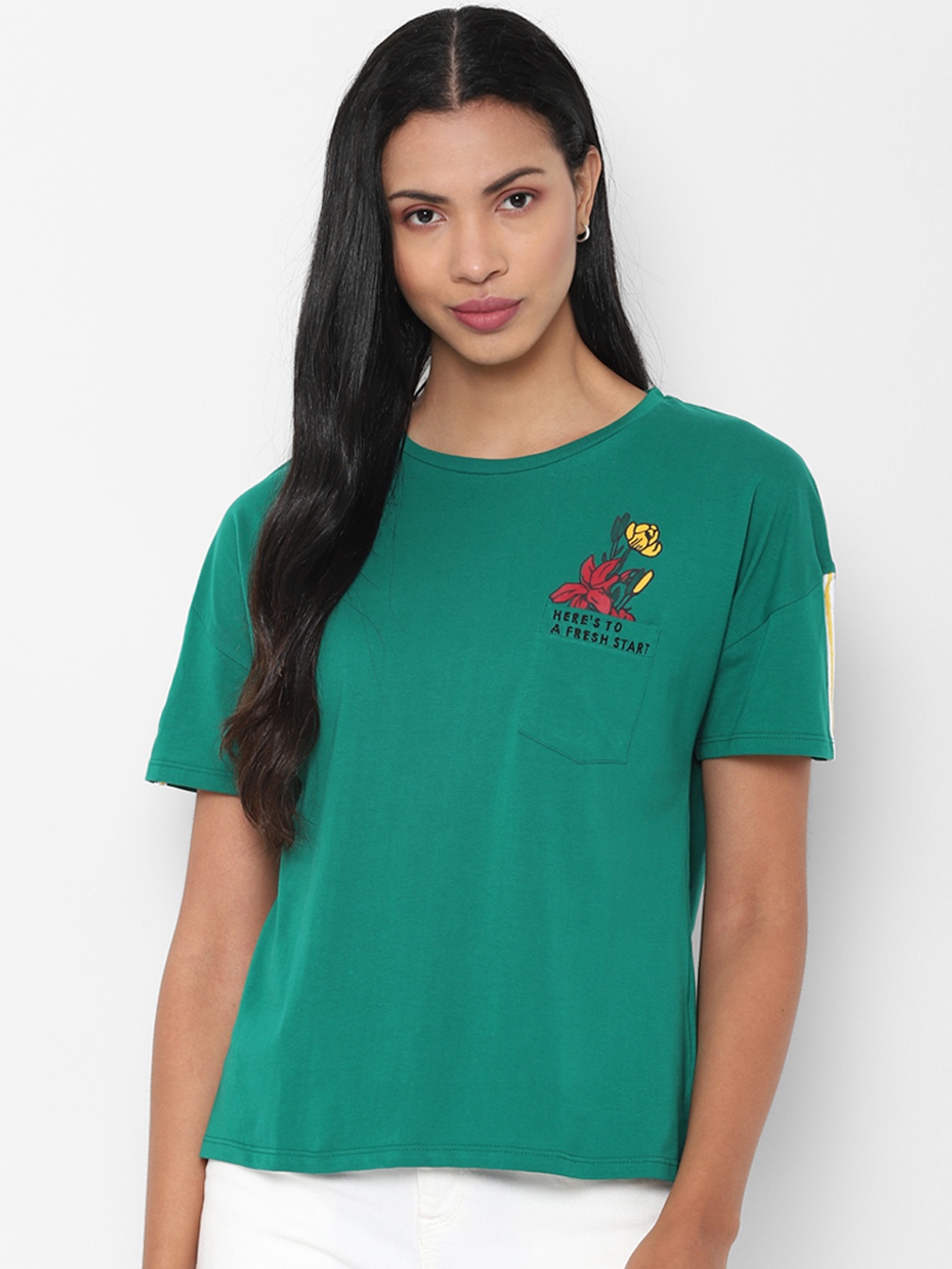 People Women Green Printed Pure Cotton Top