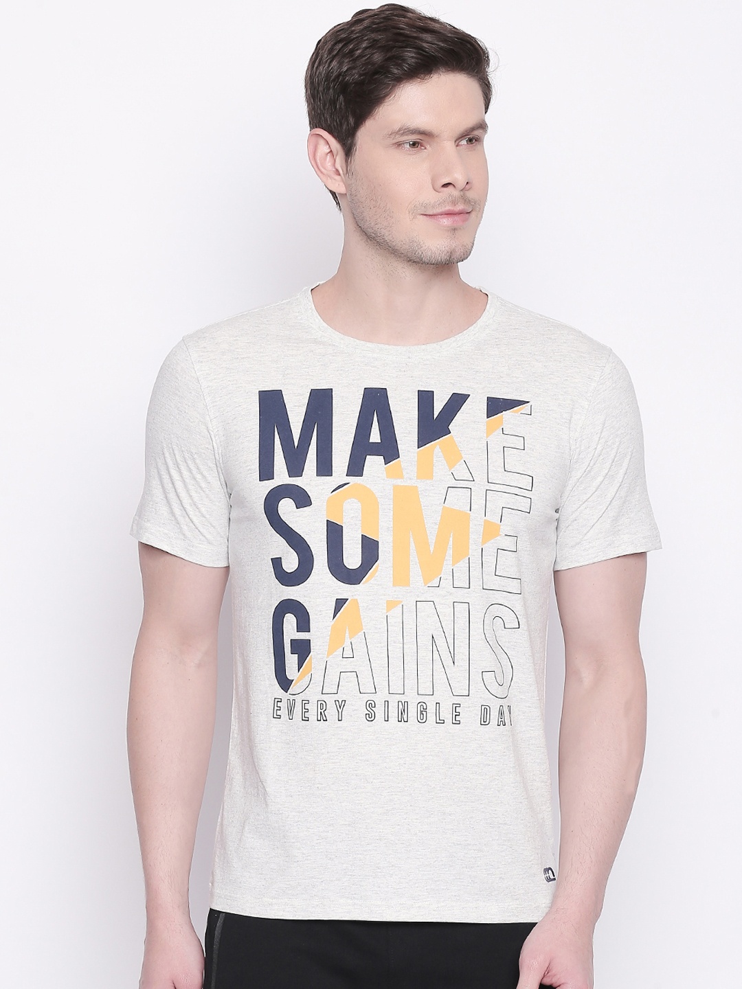Ajile by Pantaloons Men Grey Melange Printed Round Neck Slim Fit T-shirt