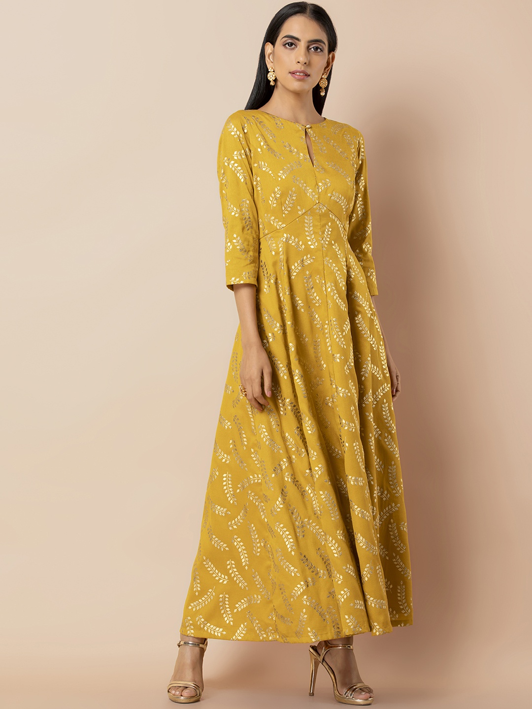 INDYA Women Mustard Floral Printed Fit and Flare Dress