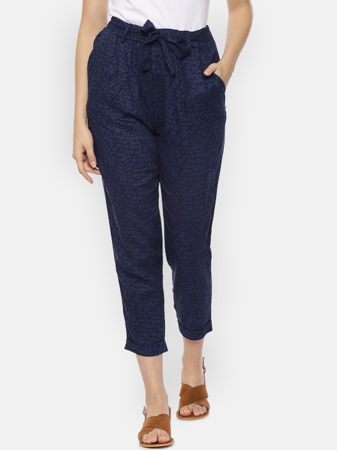 People Women Navy Blue Regular Fit Printed Peg Trousers