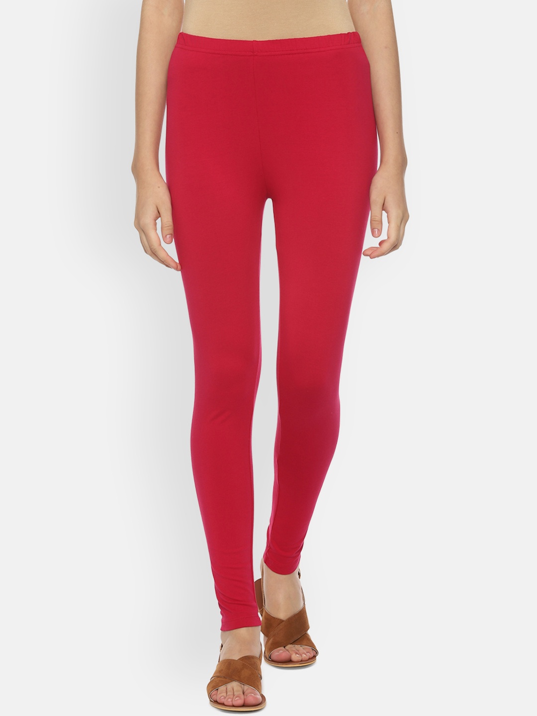 People Women Red Solid High-Rise Ankle-Length Leggings