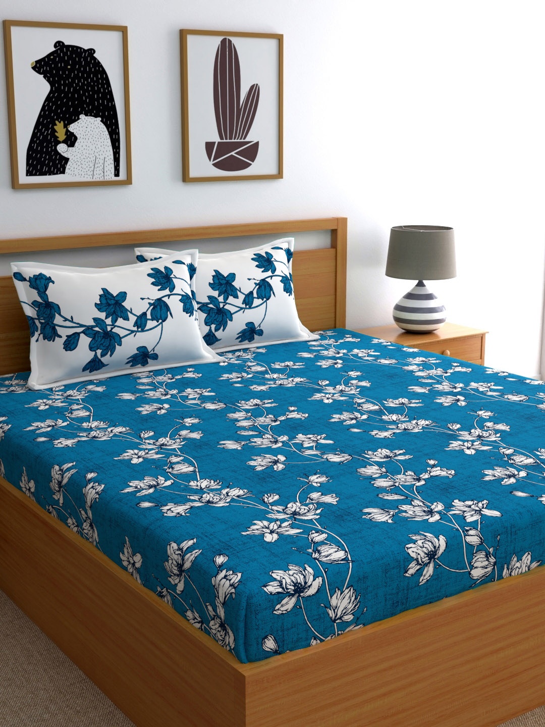 Dreamscape Blue Floral 144 TC Cotton 1 Queen Bedsheet with 2 Pillow Covers