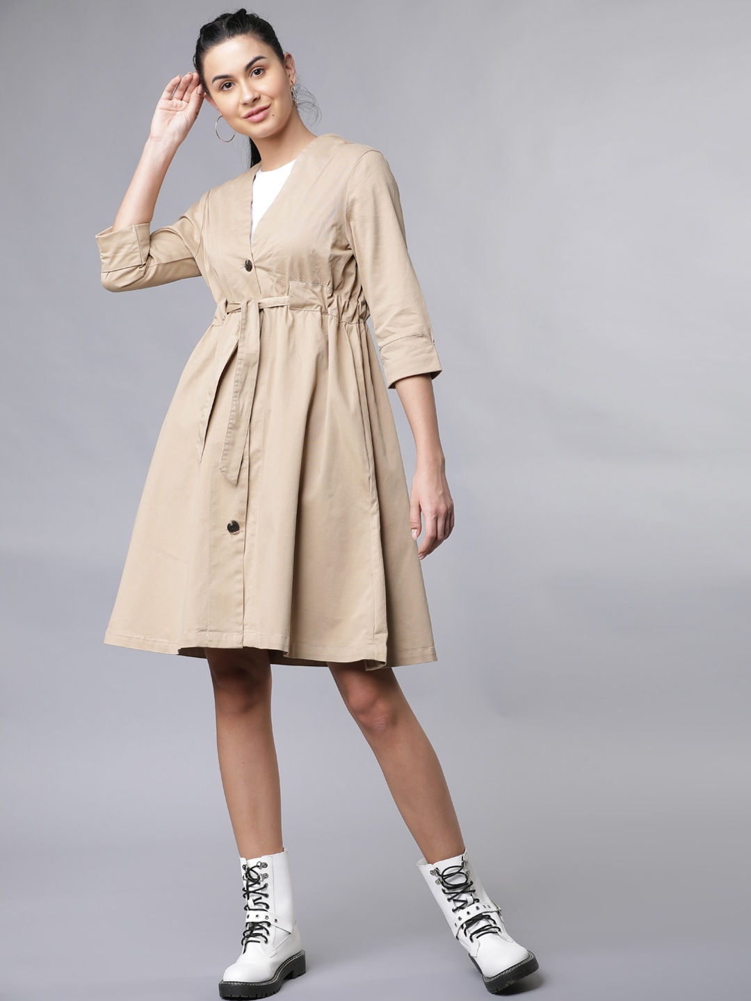 Tokyo Talkies Women Beige Solid Fit and Flare Dress