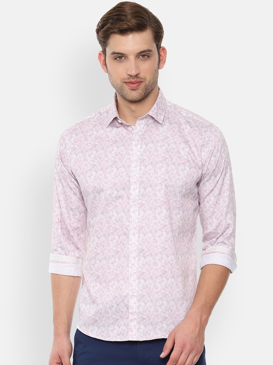 V Dot Men Pink & White Slim Fit Printed Casual Shirt