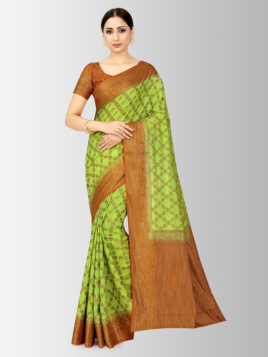 MIMOSA Lime Green & Rust Orange Art Silk Woven Design Patola Saree