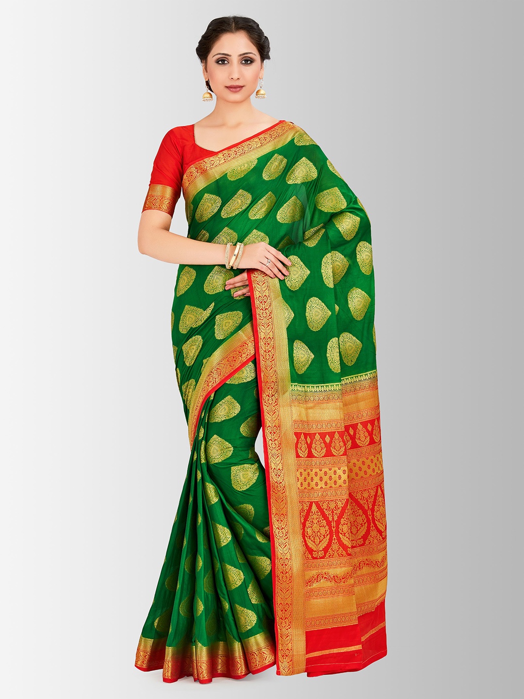 MIMOSA Green Poly Crepe Woven Design Mysore Silk Saree