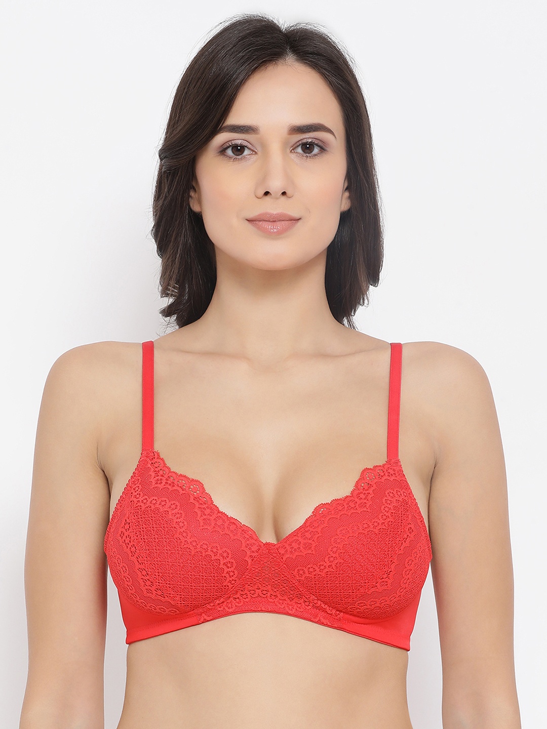Clovia Red Self Design Lace Non-Wired Lightly Padded Everyday Bra BR1875A04