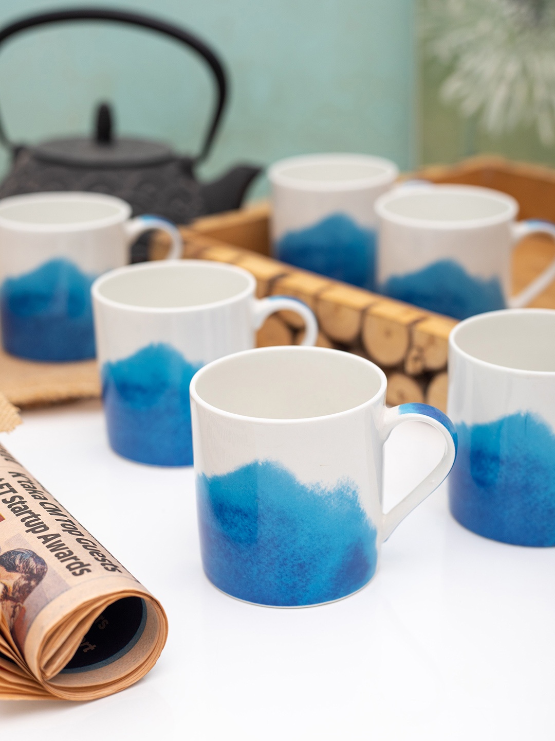 GOODHOMES White & Blue Set Of 6 Bone China Cups